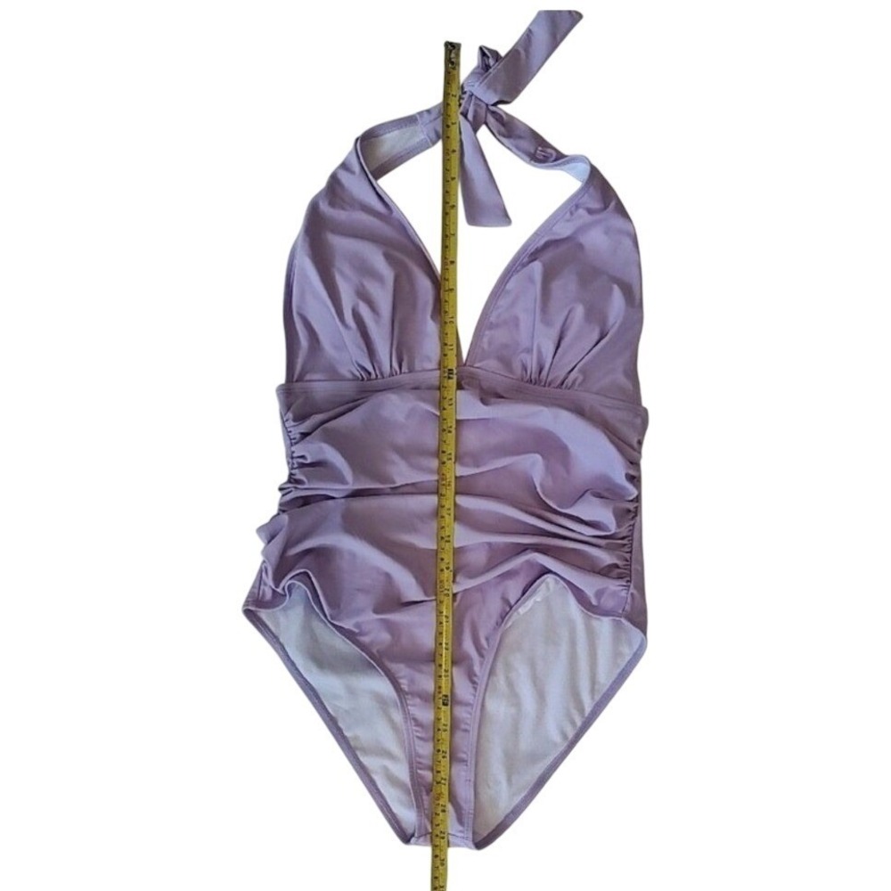 Image Women Lavender Purple Rouched Halter V-Neck One Piece‎ Swimsuit Large